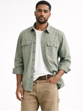 Sage Green Utility Button Up Shirt Slim Fit Cotton Size Medium